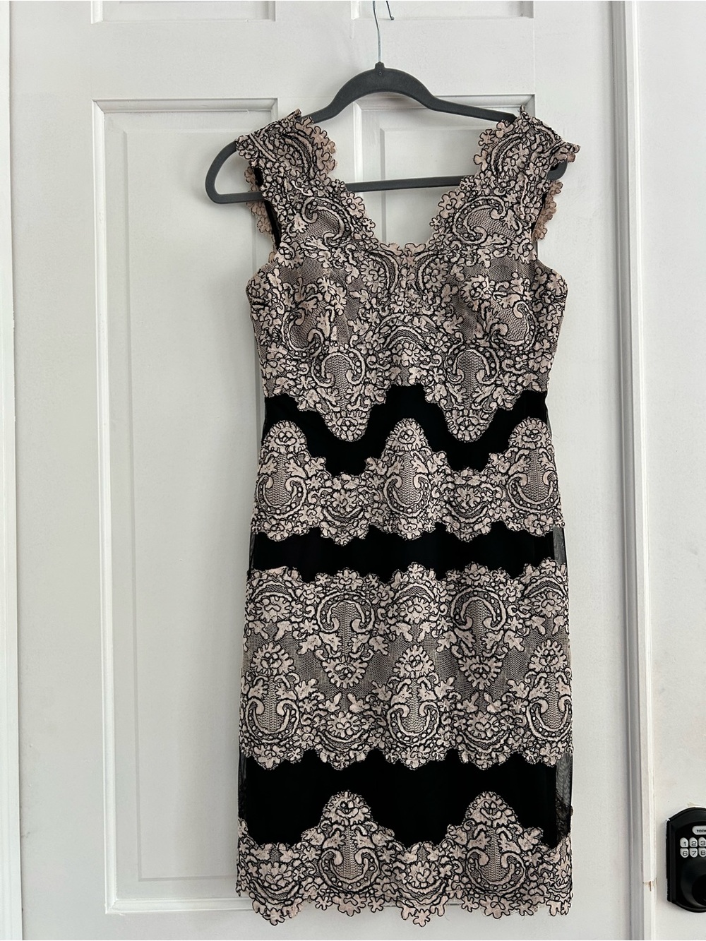 Tahari Black and Nude Lace Midi Dress